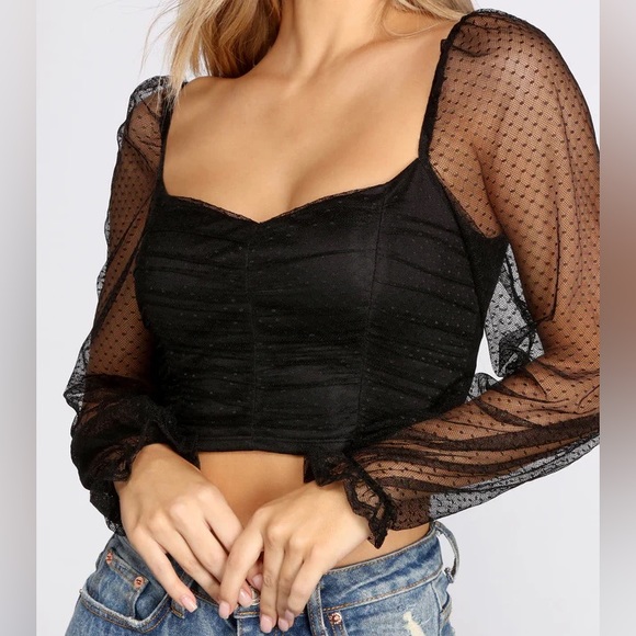 Mesh Polka Dot Crop Top - Picture 1 of 10
